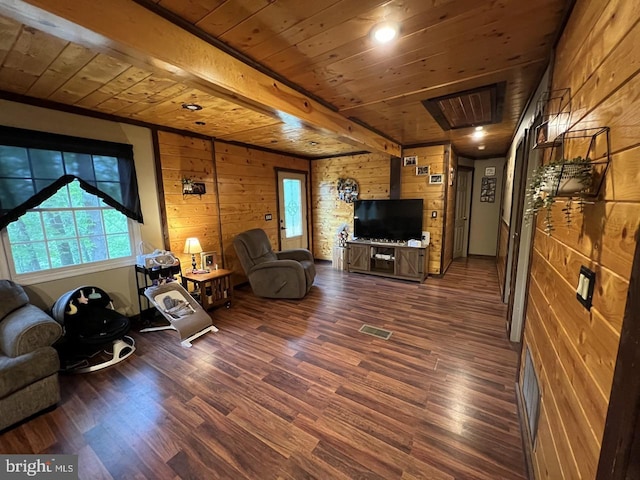 14412 Old Hancock Rd NE, Cumberland, MD 21502 - living area with a wood ceiling with exposed beams, wooden walls, and dark wood-style floors