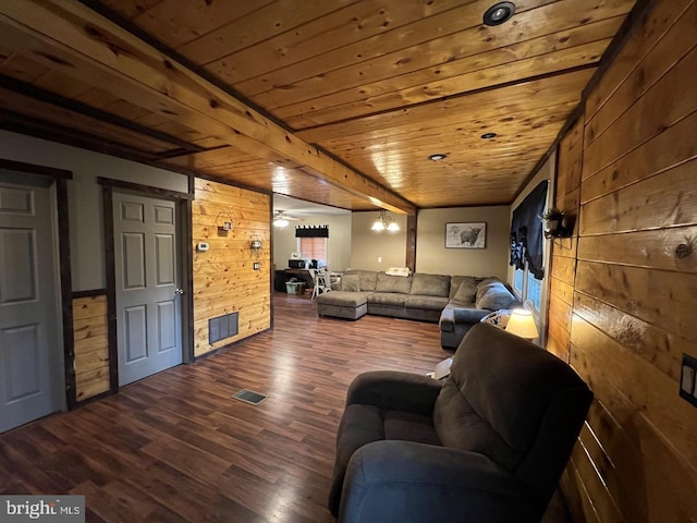 14412 Old Hancock Rd NE, Cumberland, MD 21502 - living room with wooden walls, wood ceiling, and dark wood-type flooring