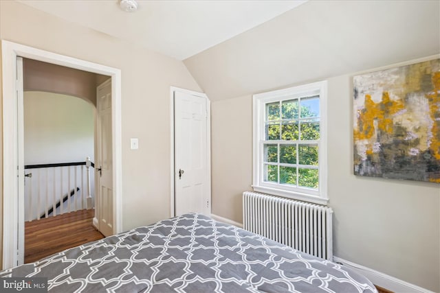 4420 Brandywine St NW, Washington, DC 20016 - bedroom featuring radiator, wood finished floors, and vaulted ceiling