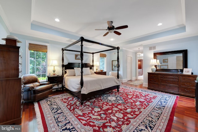 650 S Warren Ave, Malvern, PA 19355 - bedroom featuring ornamental molding, wood-type flooring, a tray ceiling, a ceiling fan, and recessed lighting