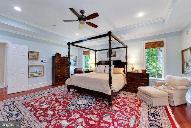 650 S Warren Ave, Malvern, PA 19355 - bedroom with wood finished floors, ornamental molding, a raised ceiling, a ceiling fan, and recessed lighting
