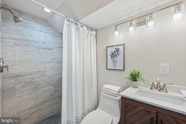 19 N Smallwood St, Baltimore, MD 21223 - full bath with a tile shower, lofted ceiling, and vanity