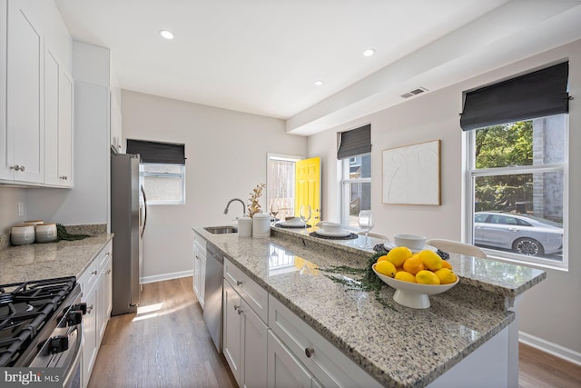 19 N Smallwood St, Baltimore, MD 21223 - kitchen featuring stainless steel appliances, light wood-type flooring, white cabinets, light stone countertops, and a kitchen island with sink