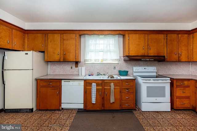 66 W Walnut Rd, Vineland, NJ 08360 - kitchen with white appliances, brown cabinetry, under cabinet range hood, and decorative backsplash