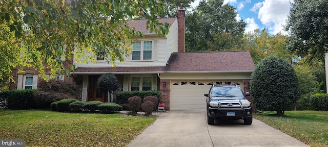 13209 Marthas Choice Cir, Bowie, MD 20720 - view of front facade featuring driveway, an attached garage, a chimney, and a front lawn