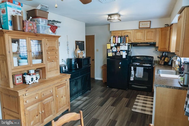 3483 Messersmith Rd, York, PA 17408 - kitchen featuring black appliances, extractor fan, dark wood finished floors, dark countertops, and ceiling fan