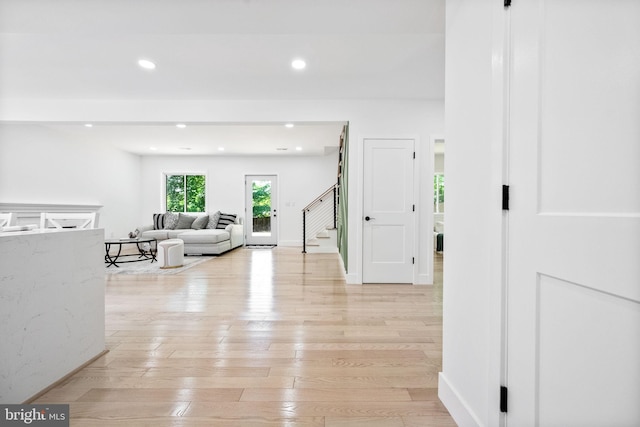 7214 16th Ave, Takoma Park, MD 20912 - corridor with light wood-type flooring, stairs, and recessed lighting