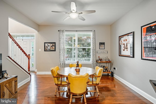 15 Boraten Cir, Royersford, PA 19468 - dining room featuring wood finished floors, a ceiling fan, and stairs