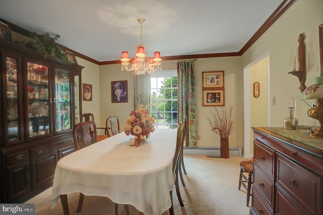 11733 Woodlea Dr, Waynesboro, PA 17268 - dining space featuring baseboard heating, a chandelier, light colored carpet, and ornamental molding