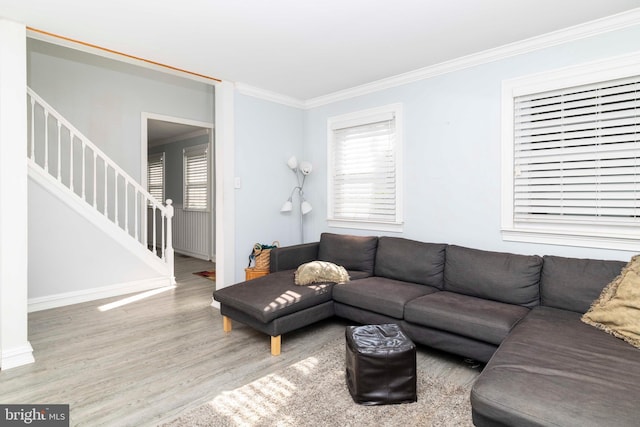 5960 Captain Milton E Major Ave, Bensalem, PA 19020 - living room featuring wood finished floors, stairway, and ornamental molding