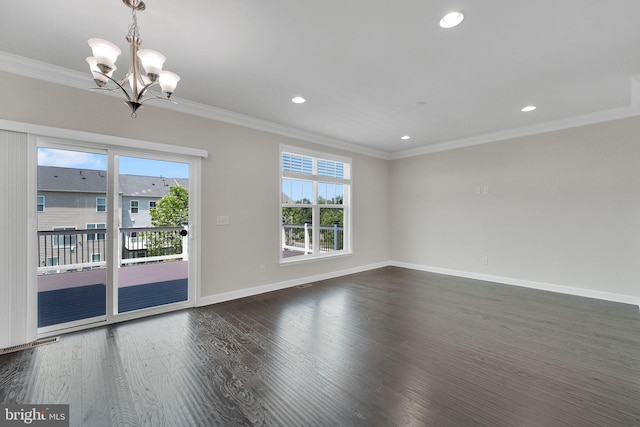 42510 Oak Park Sq, Ashburn, VA 20148 - empty room featuring a chandelier, dark wood-style flooring, ornamental molding, and recessed lighting