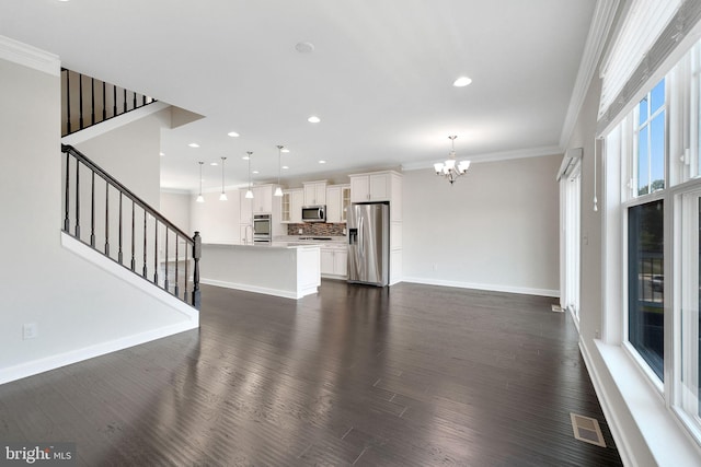 42510 Oak Park Sq, Ashburn, VA 20148 - unfurnished living room with a chandelier, crown molding, dark wood-style floors, stairway, and recessed lighting