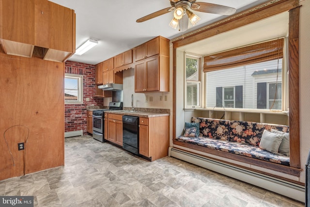 505 S Main St, Red Lion, PA 17356 - kitchen featuring stainless steel gas stove, black dishwasher, baseboard heating, under cabinet range hood, and a ceiling fan