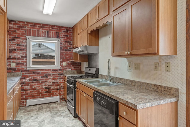 505 S Main St, Red Lion, PA 17356 - kitchen featuring black dishwasher, stainless steel gas range, a baseboard radiator, under cabinet range hood, and brick wall
