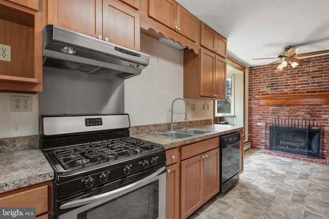 505 S Main St, Red Lion, PA 17356 - kitchen with stainless steel gas stove, extractor fan, dishwasher, a ceiling fan, and a fireplace