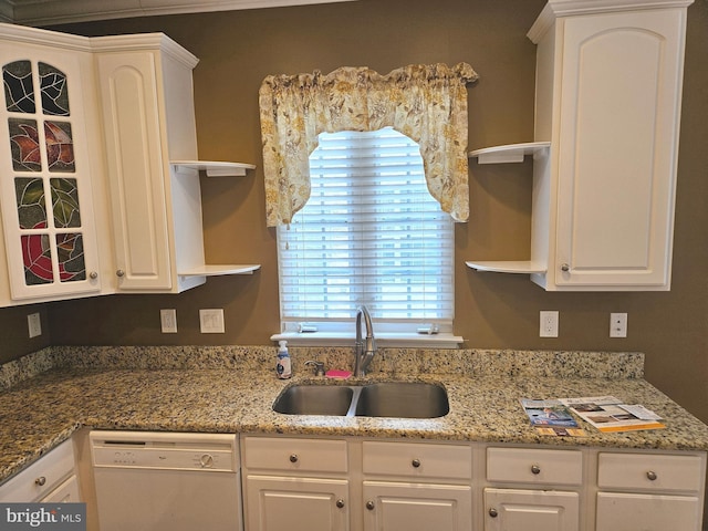 11 Alexandria Ct, Ocean Pines, MD 21811 - kitchen with open shelves, white dishwasher, white cabinets, and glass insert cabinets