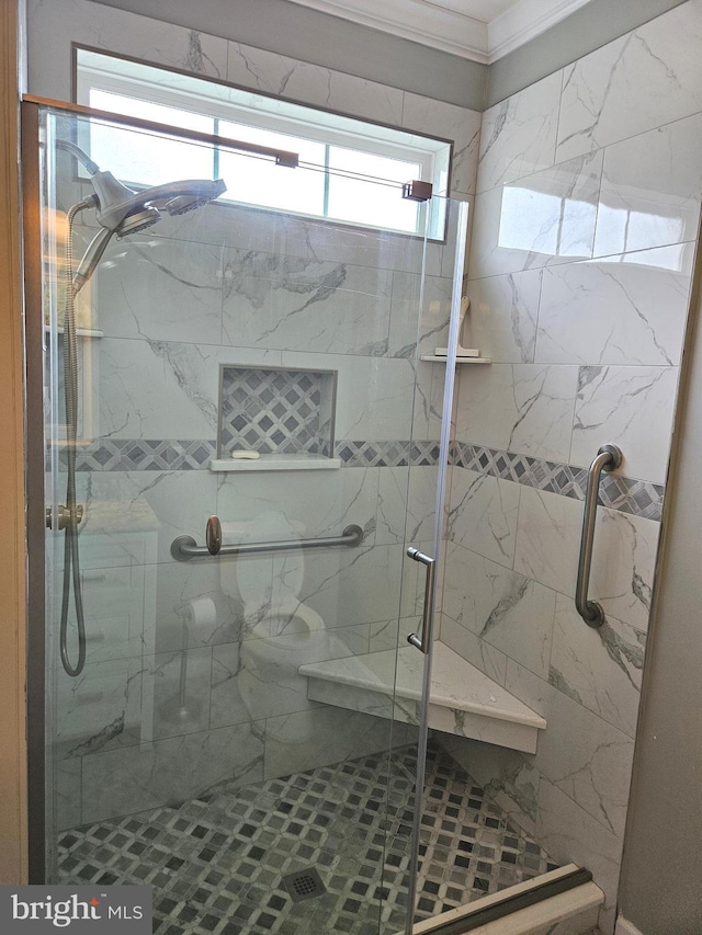11 Alexandria Ct, Ocean Pines, MD 21811 - bathroom with a stall shower and crown molding