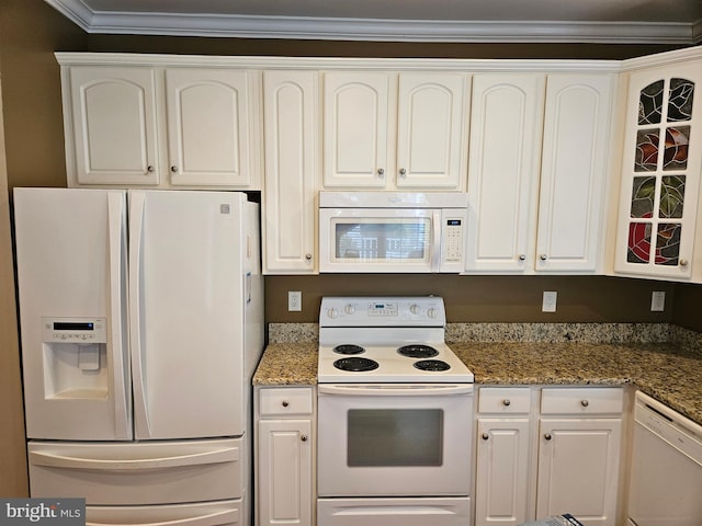 11 Alexandria Ct, Ocean Pines, MD 21811 - kitchen featuring white appliances, white cabinets, crown molding, glass insert cabinets, and stone counters