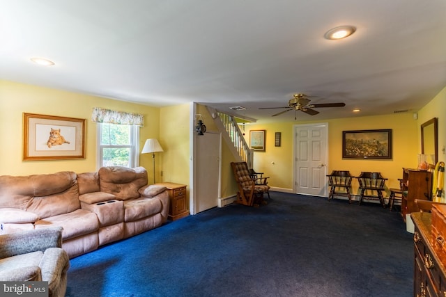 713 Monmouth Rd, Chesterfield, NJ 08515 - living room featuring baseboard heating, stairway, dark colored carpet, ceiling fan, and recessed lighting