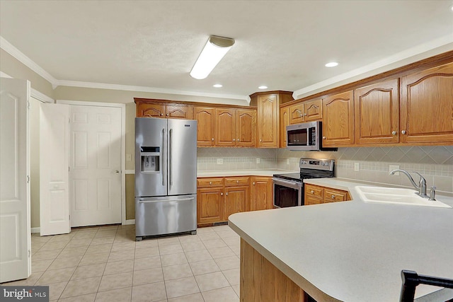 183 Mill Rd, Chambersburg, PA 17201 - kitchen with appliances with stainless steel finishes, backsplash, light countertops, brown cabinets, and crown molding
