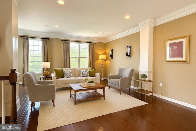 331 Lenape Way, Claymont, DE 19703 - living area with decorative columns, crown molding, dark wood-style flooring, and recessed lighting