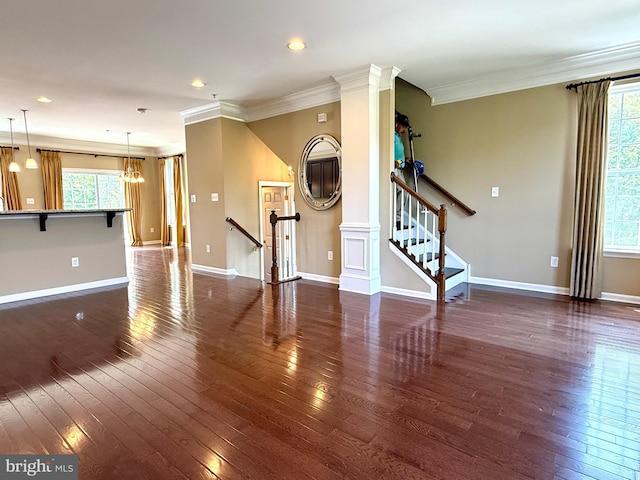 331 Lenape Way, Claymont, DE 19703 - unfurnished living room with wood-type flooring, ornamental molding, stairs, recessed lighting, and a chandelier