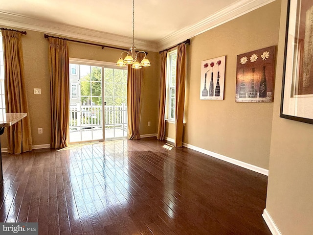 331 Lenape Way, Claymont, DE 19703 - unfurnished dining area featuring a chandelier, ornamental molding, and dark wood-style flooring