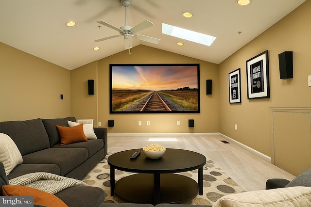 331 Lenape Way, Claymont, DE 19703 - home theater featuring a skylight, light carpet, recessed lighting, lofted ceiling, and ceiling fan