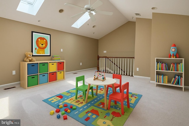 331 Lenape Way, Claymont, DE 19703 - playroom featuring a skylight, ceiling fan, vaulted ceiling, and carpet flooring