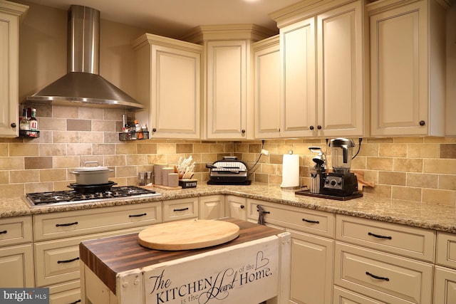 146 Skyline Dr, New Holland, PA 17557 - kitchen featuring wall chimney exhaust hood, stainless steel gas stovetop, and backsplash