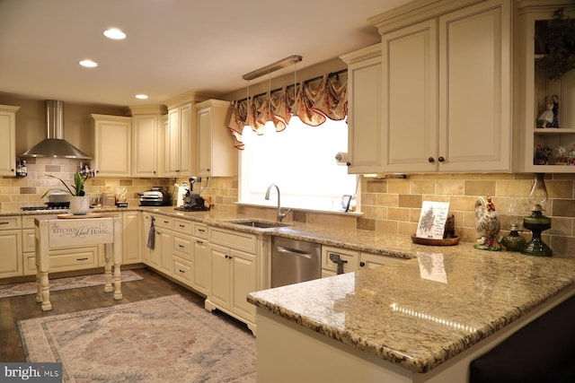 146 Skyline Dr, New Holland, PA 17557 - kitchen with wall chimney exhaust hood, recessed lighting, light stone countertops, and backsplash