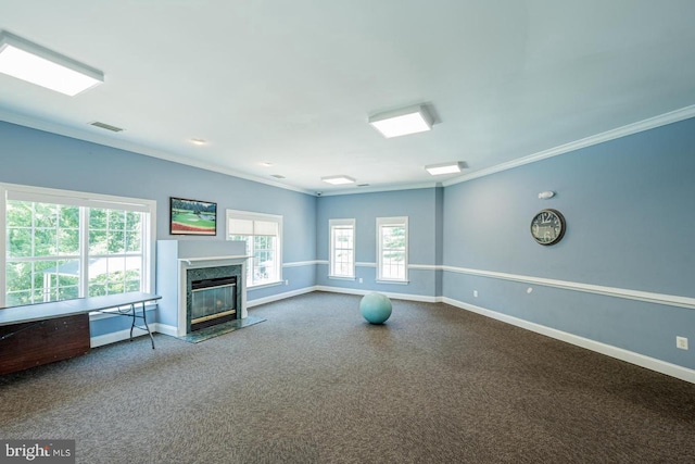 2120 Ganton Grn Unit D-103, Woodstock, MD 21163 - unfurnished living room featuring ornamental molding, carpet flooring, and a high end fireplace