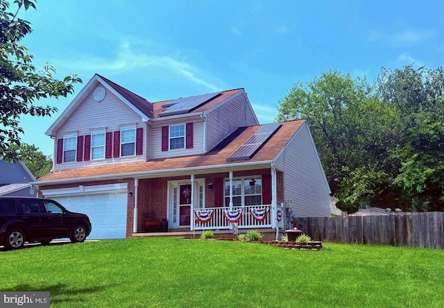 6 Thompson Ct, Boonsboro, MD 21713 - traditional-style house with covered porch, solar panels, a garage, and brick siding