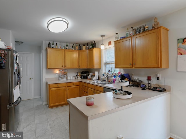 6 Thompson Ct, Boonsboro, MD 21713 - kitchen featuring freestanding refrigerator, a peninsula, light countertops, and light marble finish flooring