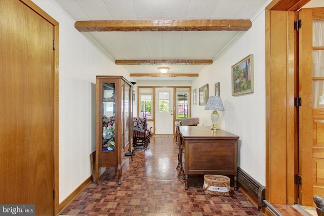 401 Jacobs St, East Berlin, PA 17316 - hall featuring baseboard heating, beamed ceiling, and brick patterned flooring