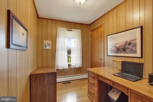 401 Jacobs St, East Berlin, PA 17316 - office area featuring a baseboard heating unit, light wood-type flooring, ornamental molding, and wood walls