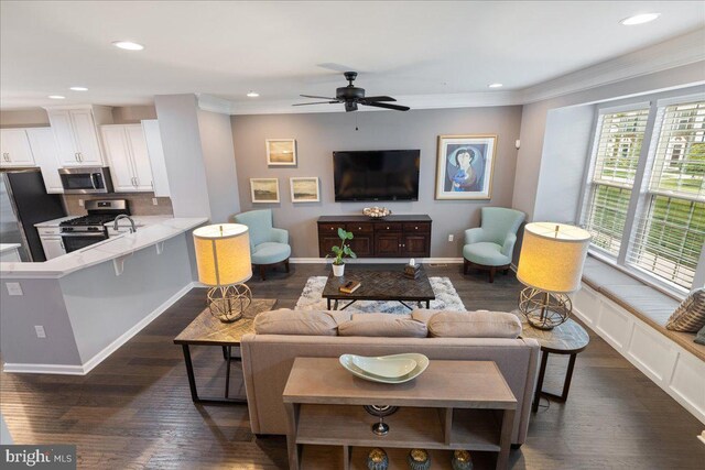 260 Grace Ln, Harleysville, PA 19438 - living room featuring crown molding, a ceiling fan, recessed lighting, and dark wood-type flooring