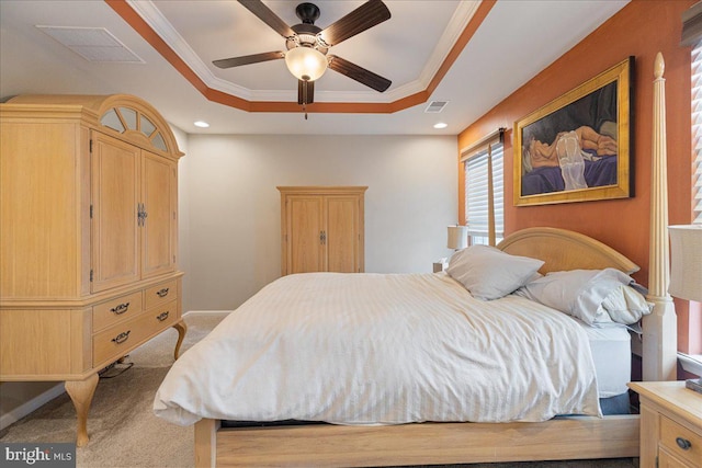 260 Grace Ln, Harleysville, PA 19438 - bedroom featuring a tray ceiling, crown molding, carpet flooring, a ceiling fan, and recessed lighting