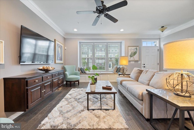 260 Grace Ln, Harleysville, PA 19438 - living area with a ceiling fan, crown molding, dark wood-type flooring, and recessed lighting