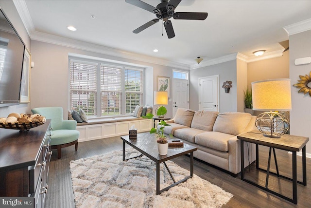 260 Grace Ln, Harleysville, PA 19438 - living room featuring crown molding, dark wood-style flooring, recessed lighting, and a ceiling fan