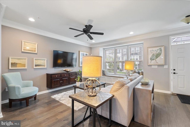 260 Grace Ln, Harleysville, PA 19438 - living area with dark wood finished floors, recessed lighting, ornamental molding, and a ceiling fan