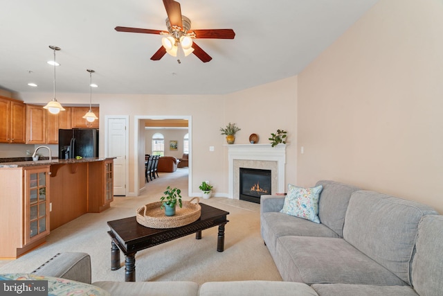 15196 Lancashire Dr, Woodbridge, VA 22191 - living area featuring a ceiling fan, light colored carpet, recessed lighting, and a fireplace with flush hearth