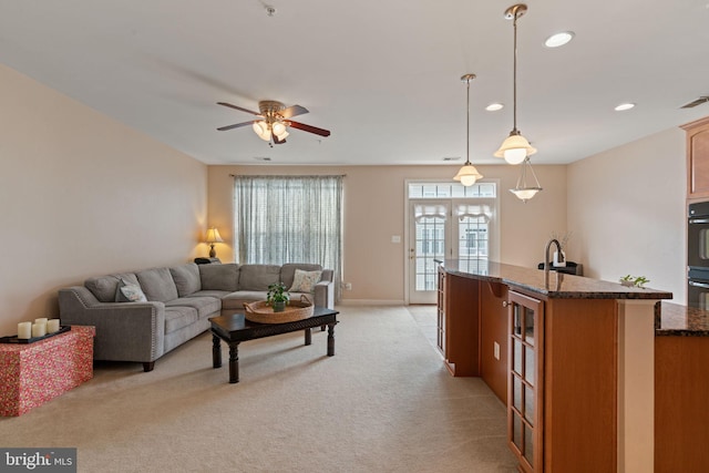 15196 Lancashire Dr, Woodbridge, VA 22191 - living room featuring ceiling fan, light colored carpet, and recessed lighting