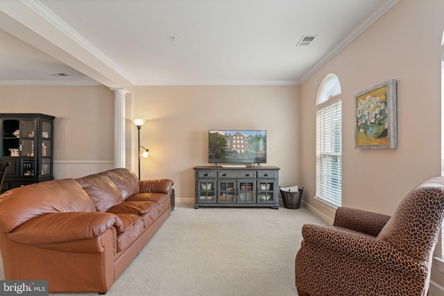 15196 Lancashire Dr, Woodbridge, VA 22191 - living room featuring decorative columns, ornamental molding, and carpet