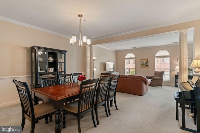 15196 Lancashire Dr, Woodbridge, VA 22191 - dining space featuring ornate columns, ornamental molding, light carpet, and a chandelier