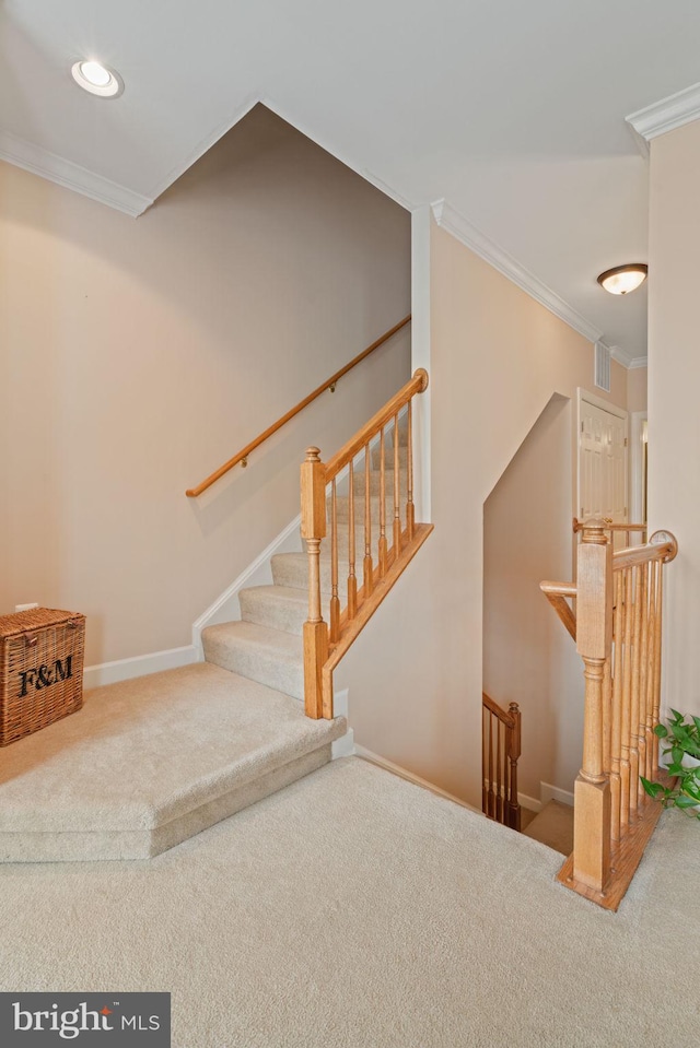 15196 Lancashire Dr, Woodbridge, VA 22191 - staircase with carpet, ornamental molding, and recessed lighting