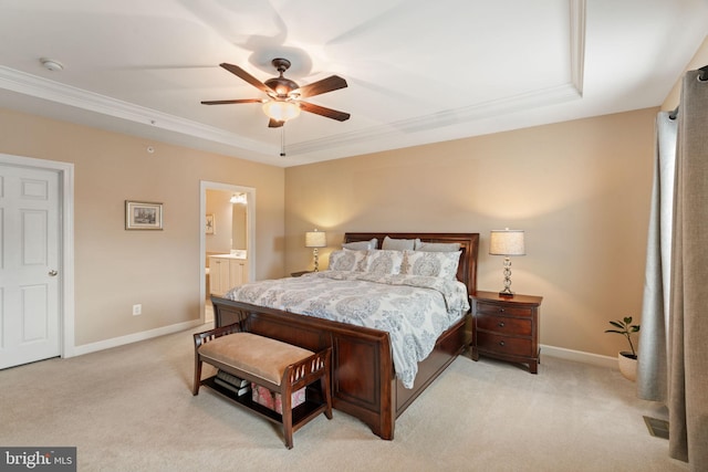 15196 Lancashire Dr, Woodbridge, VA 22191 - bedroom with light colored carpet, a raised ceiling, connected bathroom, crown molding, and ceiling fan