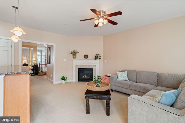 15196 Lancashire Dr, Woodbridge, VA 22191 - living area with a ceiling fan, light carpet, and a premium fireplace