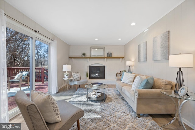 17105 Amity Dr, Derwood, MD 20855 - living area featuring wood finished floors, a glass covered fireplace, and recessed lighting