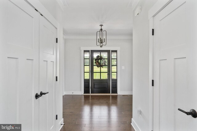115 Saddle Ridge Ln, Fredericksburg, VA 22406 - entryway featuring ornamental molding, dark wood-style flooring, and a chandelier